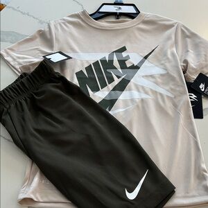 NWT Boys Nike Light Beige Tee and Dark Olive Shorts Set